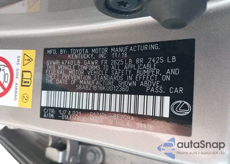 2019 Lexus Es 350 from USA, damaged, VIN 58ABZ1B18KU012360